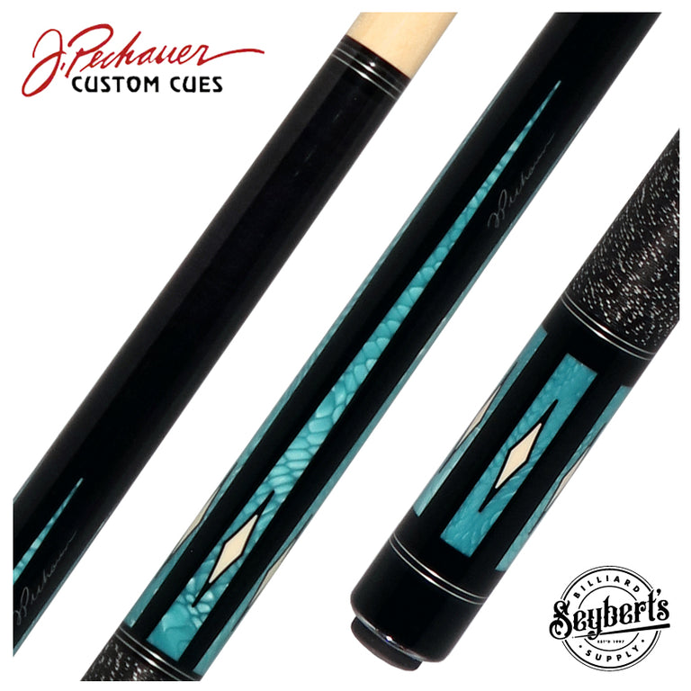 Pechauer Pro R Series Ebony-Stained Maple with Aqua Exotic Points and Sim. Ivory Inlays Pool Cue with Irish Linen Wrap