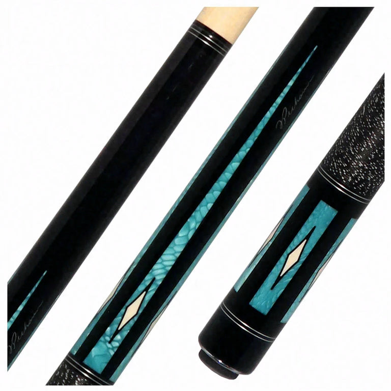 Pechauer Pro Series P18R Ebony-Stained Maple with Aqua Exotic Points and Sim. Ivory Inlays Pool Cue with Irish Linen Wrap