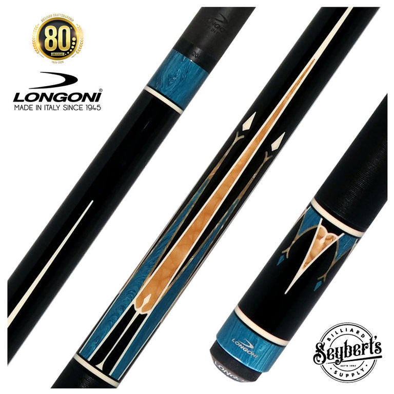 Longoni Galaxy Cyan Pool Cue with Linen Wrap and Luna Nera Shaft