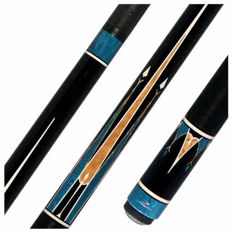 Longoni Galaxy Cyan Pool Cue with Linen Wrap and Luna Nera Shaft