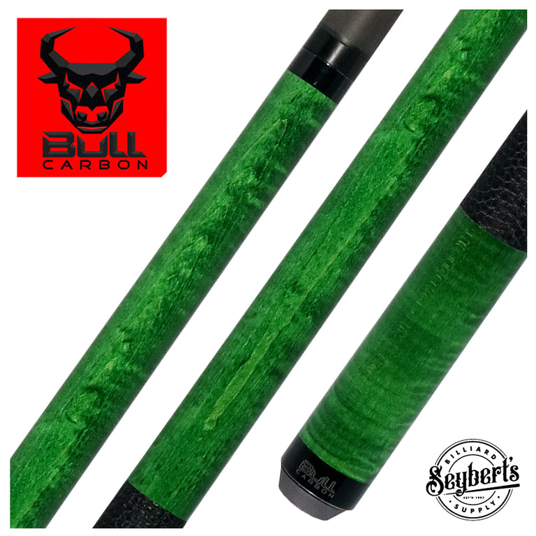 Bull Carbon Green-Stained Curly Maple Play Cue with Textured Leather Wrap