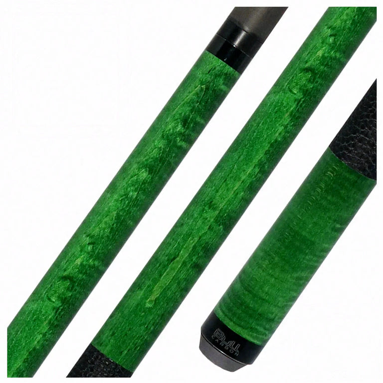 Bull Carbon Green-Stained Curly Maple Play Cue with Textured Leather Wrap
