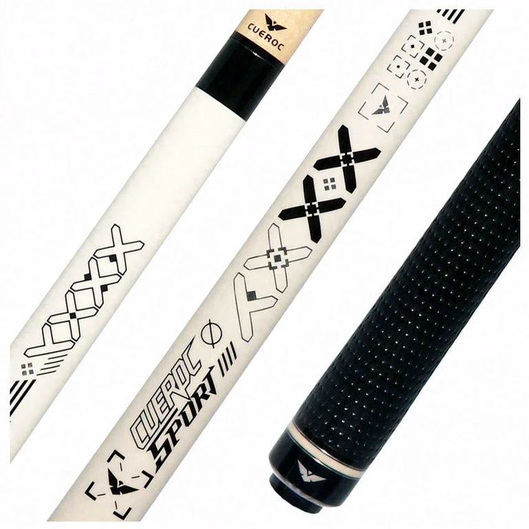 Cueroc White with Black and Silver Sport Graphic Pool Cue with Weave Wrap