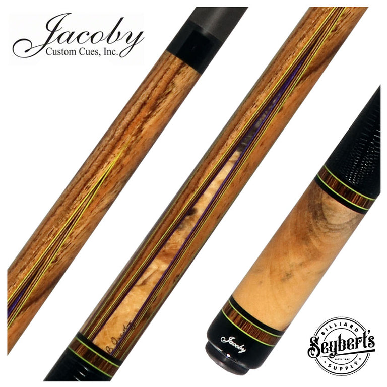 Jacoby Custom Bocote and Buckeye Burl Pool Cue with Black Lizard Wrap and Jacoby Black Carbon Shaft