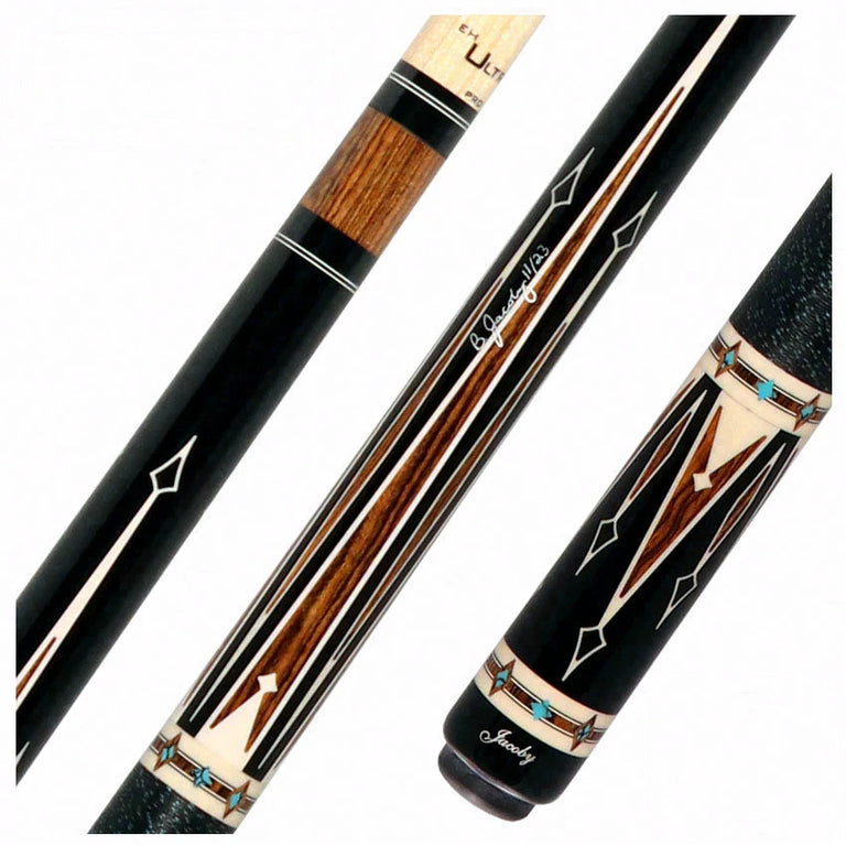 Jacoby Ebony Forearm with Bocote Points and Elforyn/Turquoise Inlays Pool Cue with 12.80mm Jacoby Ultra Pro Shaft