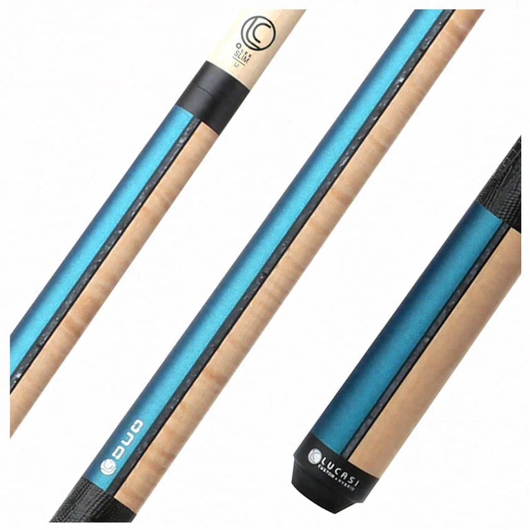 Lucasi Custom Duo Prussian Blue/Natural Super Birdseye Cue with Embossed Leather Wrap Pool Cue