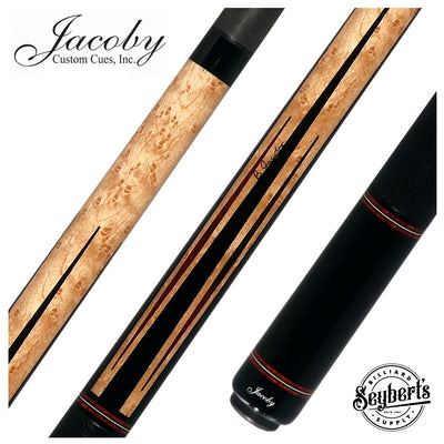 Jacoby Custom Birdseye Maple with Ebony and Cocobolo Points Pool Cue with Black Bull Hide Wrap and Jacoby Black Carbon Shaft