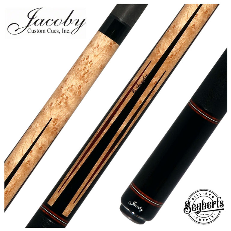 Jacoby Custom Birdseye Maple with Ebony and Cocobolo Points Pool Cue with Black Bull Hide Wrap and Jacoby Black Carbon Shaft