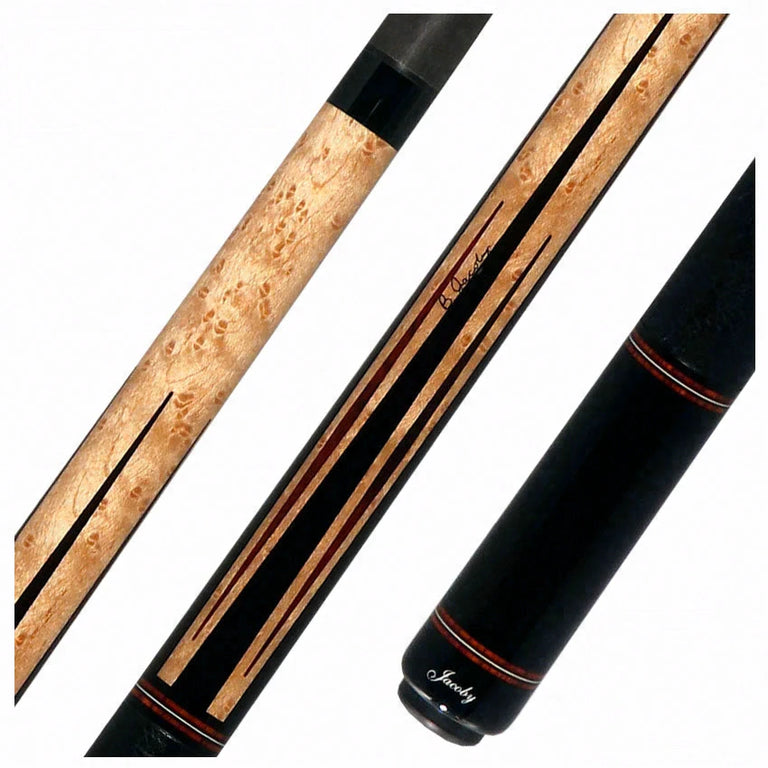 Jacoby Custom Birdseye Maple with Ebony and Cocobolo Points Pool Cue with Black Bull Hide Wrap and Jacoby Black Carbon Shaft