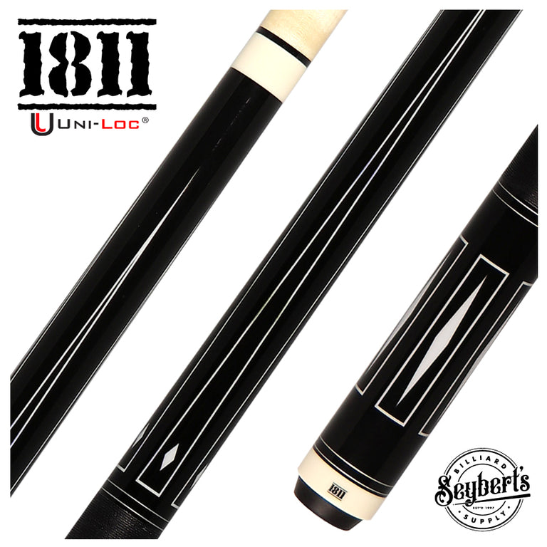 1811 Model 3 Black with White Point Graphic Forearm and Black Irish Linen Wrap Pool Cue Butt- Uni-Loc