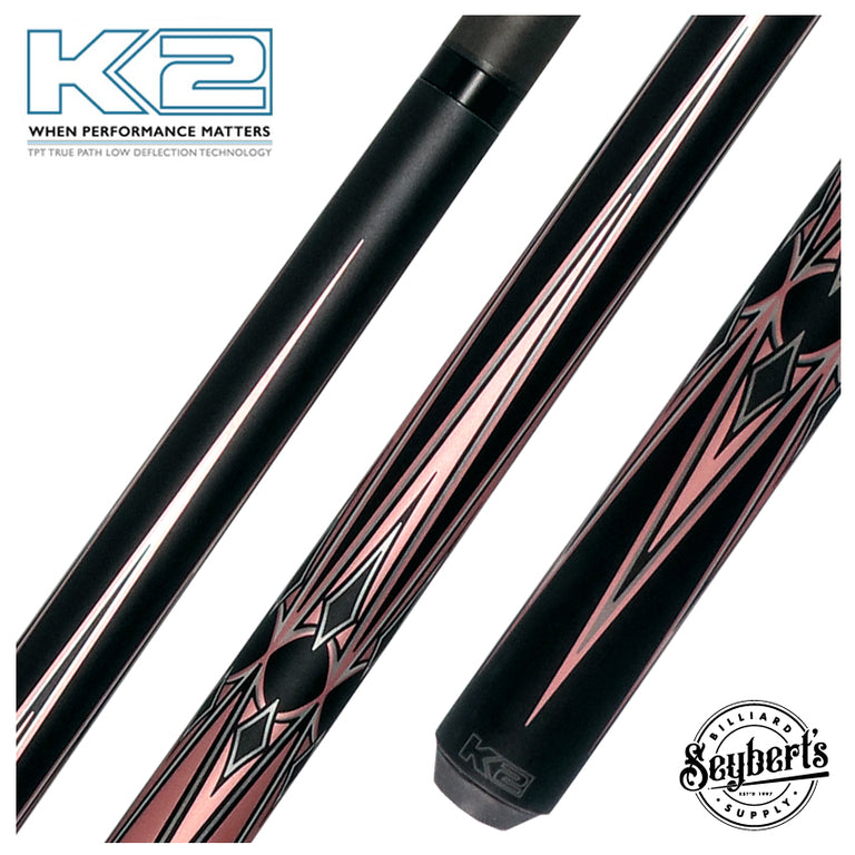 K2 Matte Metallic Pink with Black and Silver No Wrap Pool Cue with 12.65mm RK Carbon Fiber Shaft