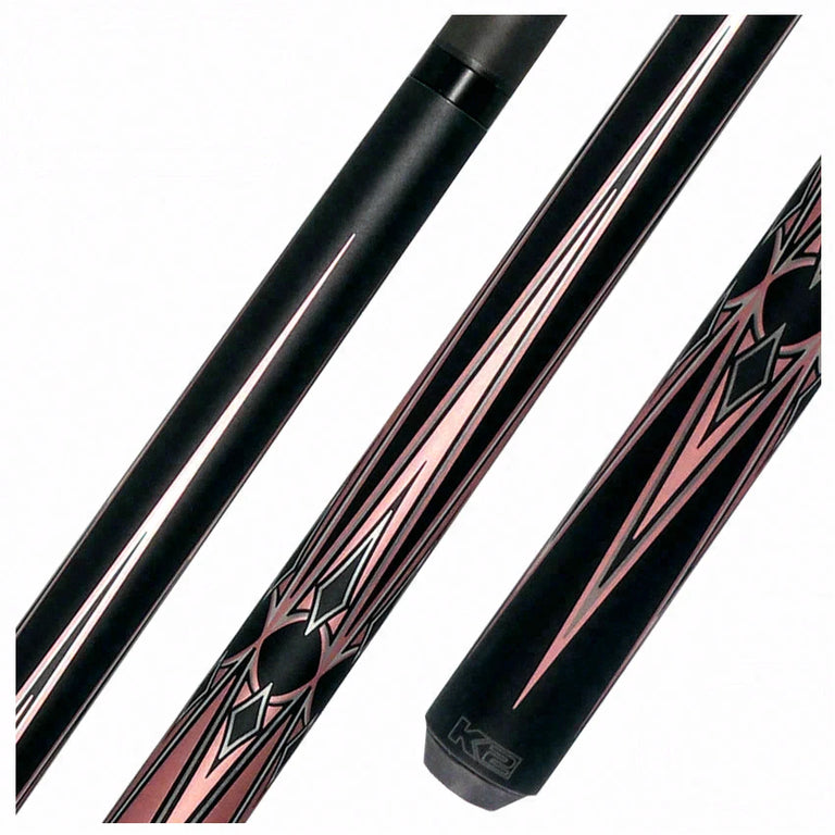 K2 Matte Metallic Pink with Black and Silver No Wrap Pool Cue with 12.65mm RK Carbon Fiber Shaft