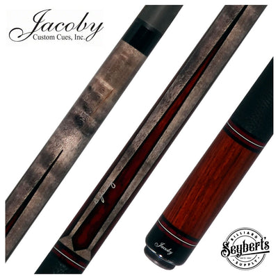 Jacoby Custom Birdseye Maple with Ebony and Cocobolo/ Bloody Jasper Points Pool Cue with Black Bull Hide Wrap and Jacoby Black Carbon Shaft