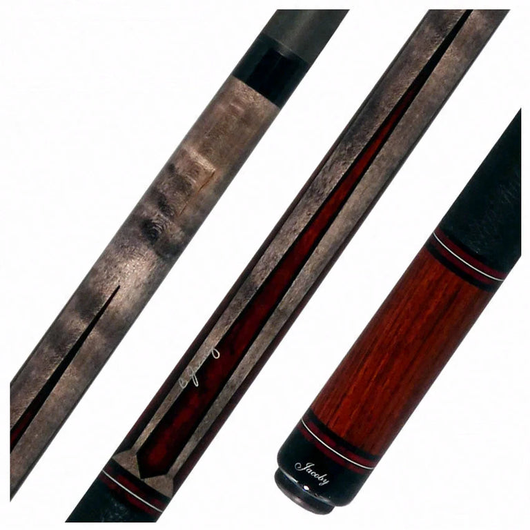 Jacoby Custom Birdseye Maple with Ebony and Cocobolo/ Bloody Jasper Points Pool Cue with Black Bull Hide Wrap and Jacoby Black Carbon Shaft
