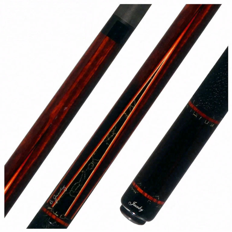 Jacoby Custom Cocobolo and Black/Gold Vein Points Pool Cue with Black Bull Hide Wrap and Jacoby Black Carbon Shaft