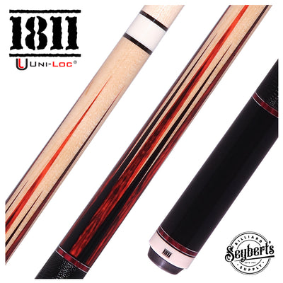 1811 Model 6 Maple Forearm with Cocobolo/Black Points Graphic and Black Embossed Lizard Pool Cue Butt- Uni-Loc