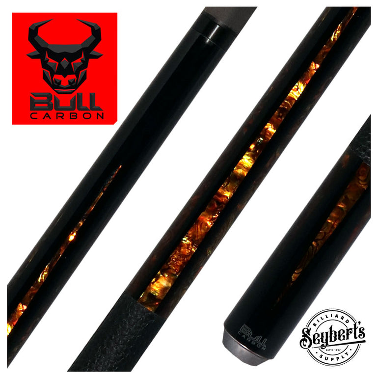 Bull Carbon Black with 6 Yellow Abalone Points Play Cue with Textured Leather Wrap