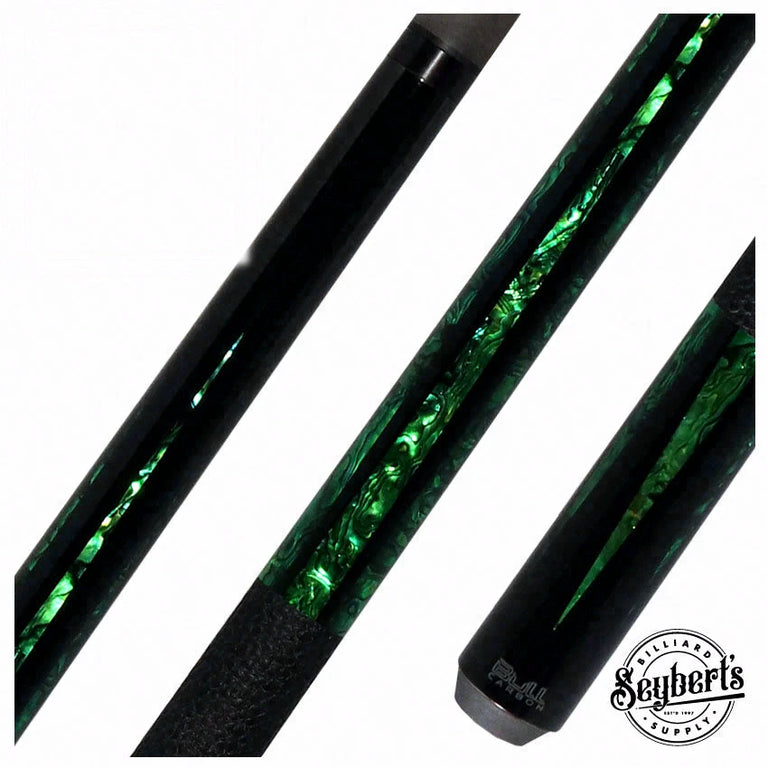 Bull Carbon Black with 6 Green Mother-of-Pearl Points Play Cue with Textured Leather Wrap