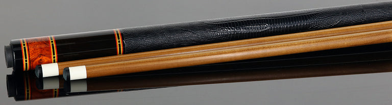 Jim Pierce Custom Cues - Gabon Ebony Forearm with 6 Mexican Cocobolo Points and Black Lizard Leather Wrap  - 2 Keilwood  Shafts