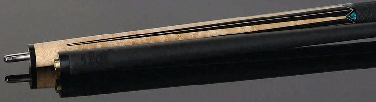 Bull Carbon Birdseye Maple with Black Points and Abalone Inlays Play Cue with Textured Leather Wrap