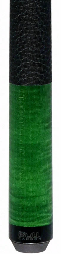 Bull Carbon Green-Stained Curly Maple Play Cue with Textured Leather Wrap