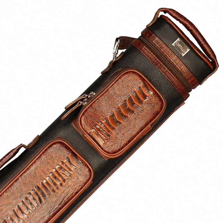 Castillo Black Leather with Cognac Ostrich Leg Accent 2x4 Hard Leather Pool Cue Case - CLG24BKCGOS