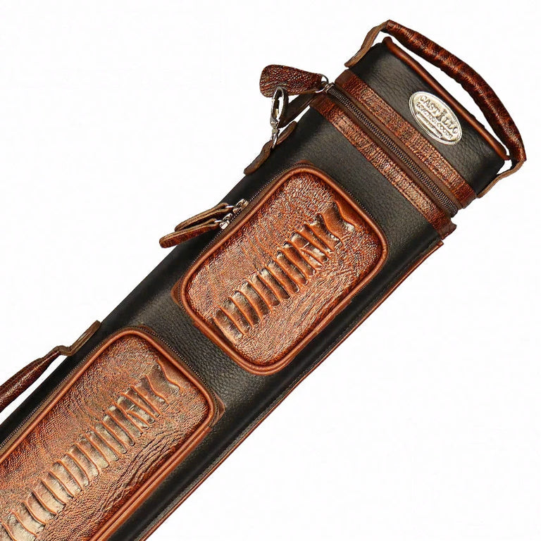 Castillo Black Leather with Cognac Ostrich Leg Accent 3x5 Hard Leather Pool Cue Case - CLG35BKCGOS