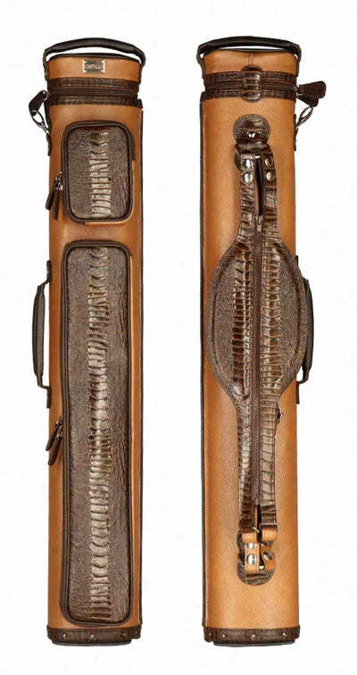 Castillo Honey Brown Leather with Chocolate Brown Ostrich Leg Accent 3x5 Hard Leather Pool Cue Case - CLG35HBRCBOS