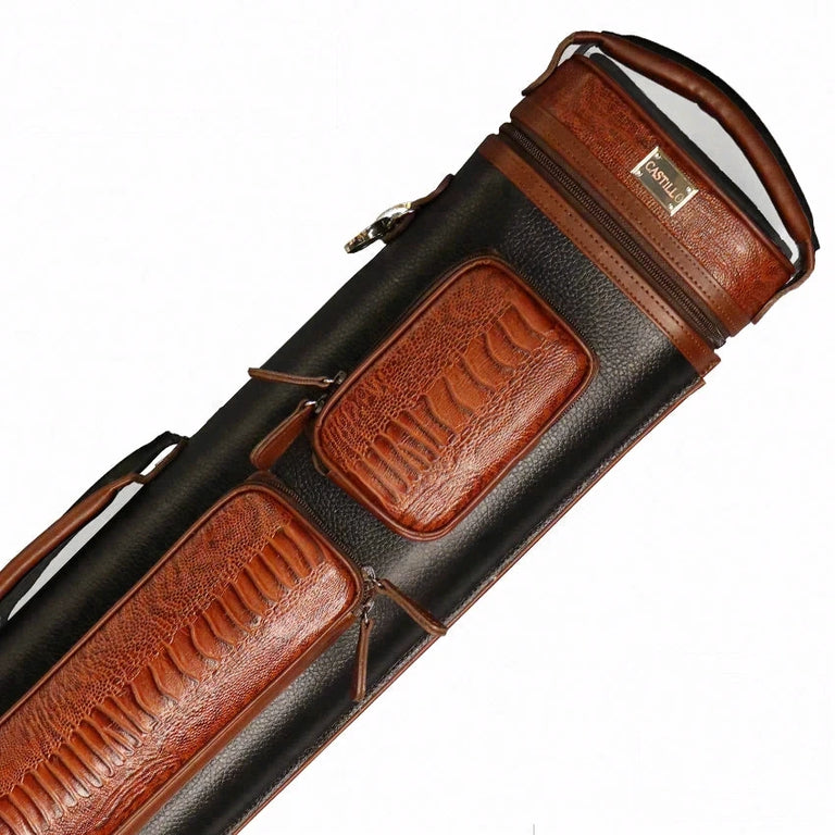 Castillo Black Leather with Cognac Ostrich Leg Accent 4x7 Hard Leather Pool Cue Case - CLG47BKCGOS