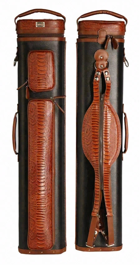 Castillo Black Leather with Cognac Ostrich Leg Accent 4x7 Hard Leather Pool Cue Case - CLG47BKCGOS