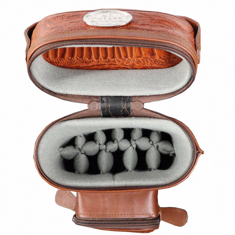 Castillo Black Leather with Cognac Ostrich Leg Accent 4x7 Hard Leather Pool Cue Case - CLG47BKCGOS