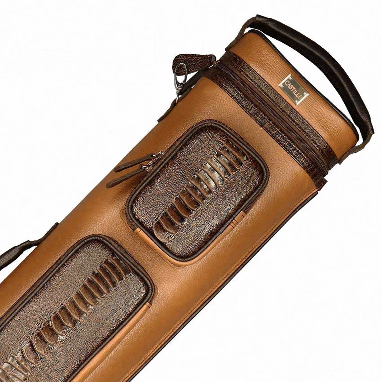 Castillo Honey Brown Leather with Chocolate Brown Ostrich Leg Accent 4x7 Hard Leather Pool Cue Case - CLG47HBRCBOS