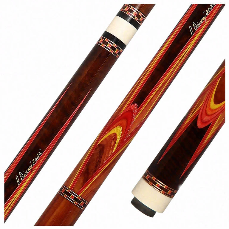 Pat Diveney Red/Orange/Yellow 8-Point Butterfly Custom Cue with Two Dark Roast Trans-K Shafts - DC5500
