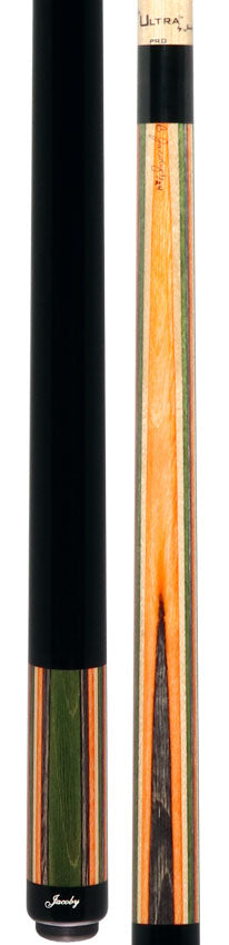 Jacoby Gray/Green/Natural/Orange Laminated Pool Cue with Ebony Wrap Section