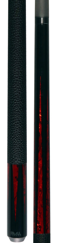 Bull Carbon Black with 6 Iridescent Red Points Play Cue with Textured Leather Wrap