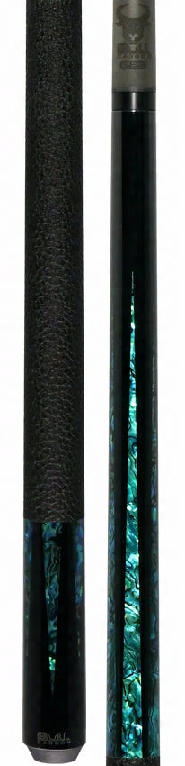 Bull Carbon Black with 6 Iridescent Blue Points Play Cue with Textured Leather Wrap