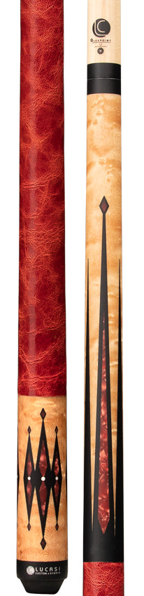 Lucasi Hybrid Light Coffee Birdseye Maple and Red Jasper with Red Leather Wrap Pool Cue