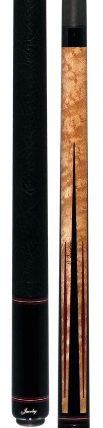 Jacoby Custom Birdseye Maple with Ebony and Purpleheart Points Pool Cue with Black Bull Hide Wrap and Jacoby Black Carbon Shaft