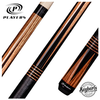 Players Exotic Series Zebrawood with Black Points Pool Cue with Embossed Leather Wrap