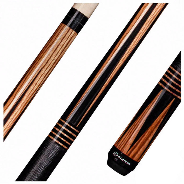 Players Exotic Series Zebrawood with Black Points Pool Cue with Embossed Leather Wrap