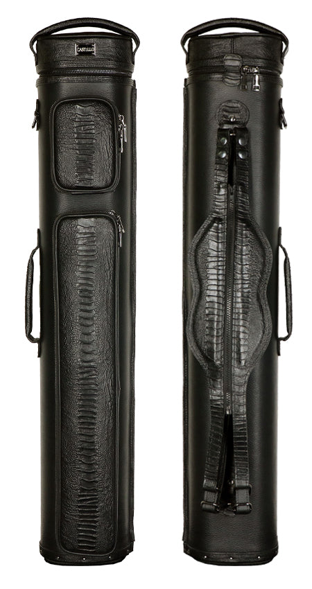 Castillo Black Leather with Black Ostrich Leg Accent 4x8 Hard Leather Pool Cue Case - CLG48BKBKOS