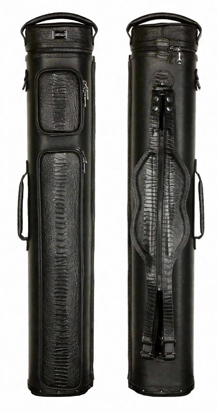 Castillo Black Leather with Black Ostrich Leg Accent 4x8 Hard Leather Pool Cue Case - CLG48BKBKOS