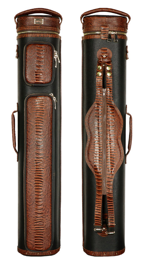 Castillo Black Leather with Cognac Ostrich Leg Accent 4x8 Hard Leather Pool Cue Case - CLG48BKCGOS