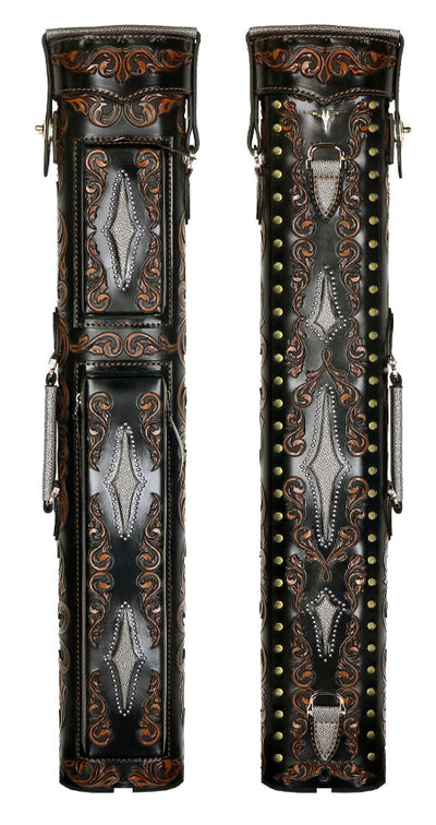 Volturi Custom Venice V2 Style Fully Carved Black/Tan 4x8 Hard Pool Cue Case - VCVSV24X8BLKBRN