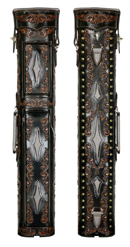 Volturi Custom Venice V2 Style Fully Carved Black/Tan 4x8 Hard Pool Cue Case - VCVSV24X8BLKBRN