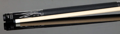 Fury Black with Silver and White Graphic Pool Cue with Sharkskin Leather Wrap