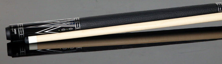 Fury Black with Silver and White Graphic Pool Cue with Sharkskin Leather Wrap