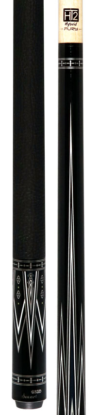 Fury Black with Silver and White Graphic Pool Cue with Sharkskin Leather Wrap