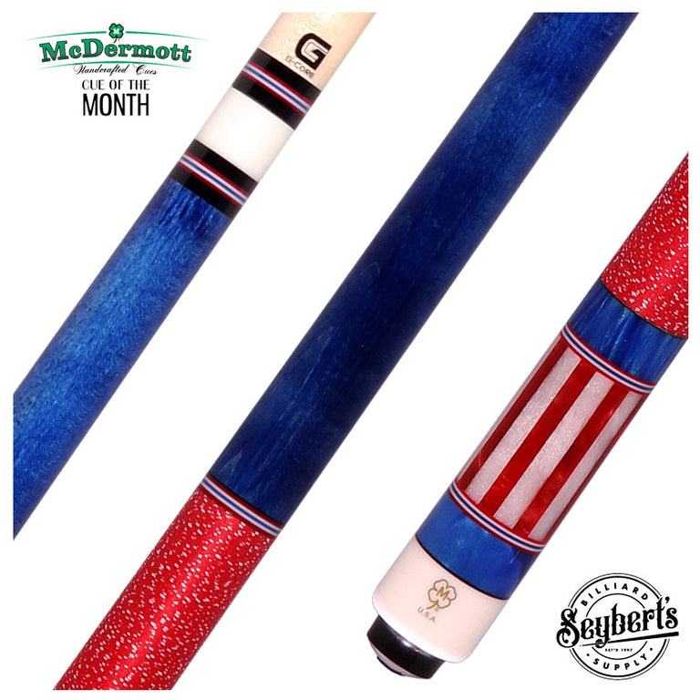McDermott Blue Stained Birdseye Maple with Red/White/Blue Inlays Cue of the Month with G-Core Shaft