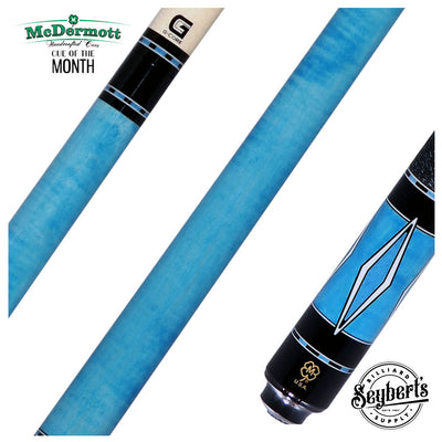 McDermott Sky Blue Stained Curly Maple with White Urethane Inlays Cue of the Month with G-Core Shaft